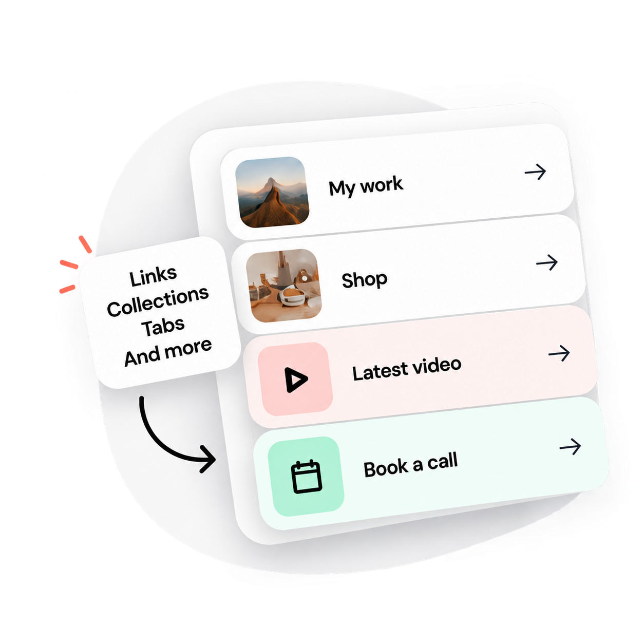 Links for work, a shop, videos, and bookings organized together.